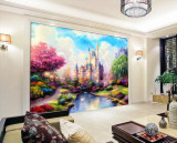高清手绘迪士尼童话城堡风景大型壁画 油画壁纸 卡通电视背景墙纸