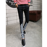 2016新款韩版男士显瘦腿小脚牛仔裤发型师时尚修身型条纹印花长裤
