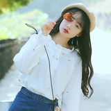 2016春季新款韩国学生甜美刺绣森系文艺木耳领长袖衬衫女士衬衣女