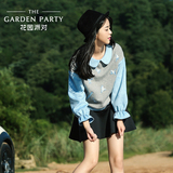 花园派对 2016秋装新款韩版女装撞色拼接刺绣宽松休闲女士套头衫