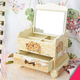 欧式创意梳妆镜台式折叠公主镜卧室桌面首饰盒木质饰品收纳盒简约