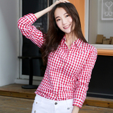 格子衬衫女长袖韩范学院风 2016薄款女装纯棉红色衬衣女学生大码