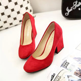红色婚鞋高跟鞋方头单鞋春秋款简单绒面方跟粗跟女鞋新款韩版鞋子