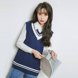 韩国代购秋冬新款外穿少女学院风间色v领无袖马甲针织毛衣背心女