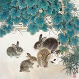 宣纸印刷品书画国画名画动物 兔子斗方方楚  花香兔语