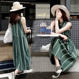 韩国代购夏装2016新款韩版时尚大码女装条纹无袖雪纺连衣裙长裙潮