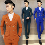 2015春装新款男士韩版休闲西服套装男修身纯色双排扣西装一套爆款