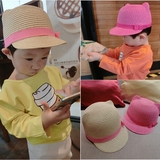 小童草帽夏款韩版潮婴幼儿女宝宝可爱带耳朵沙滩帽盆帽儿童遮阳帽