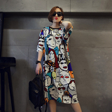2016夏季新款韩版女宽松短袖卡通T恤圆领套头女装中长款连衣裙潮