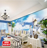 海边风景壁画惬意蓝天白云装饰画海滨房屋墙壁纸电视客厅背景墙纸