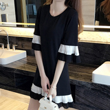 韩国2016夏装显瘦宽松学院风中长款黑白拼接中袖雪纺喇叭袖连衣裙