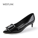 Westlink/西遇2016秋季新款 漆皮方扣尖头浅口中跟细跟休闲女单鞋