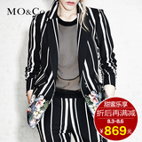 MO&Co.花卉条纹拼接翻领修身休闲中长款西装外套MA151COT43 moco