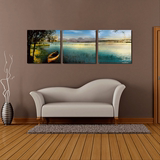 欧式油画风景画湖泊小船客厅装饰画房间墙壁无框画三联画