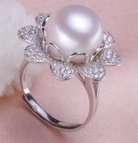 天然淡水珍珠戒指 超大珍珠花朵水钻闪亮珍珠戒指 925镀金戒指