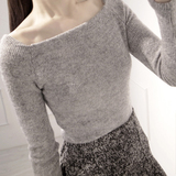 秋季韩版显瘦纯色大领口长袖T恤女修身一字领露肩上衣针织打底衫