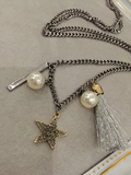 韩国进口时尚珍珠吊坠星星满钻流苏长款毛衣链欧美金属链条项链女