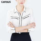 CANVAUS2016春夏新款简约黑色线条直筒雪纺时尚长袖衬衫女CS6008D