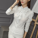 彩黛妃2016夏季新款女装韩版时尚长袖白色修身荷叶边衬衫打底衫女