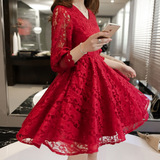 春夏新款蕾丝裙潮大码韩版女装蕾丝七分袖连衣裙修身显瘦大红裙子