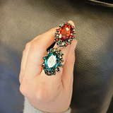 韩国代购 时尚复古宫廷奢华水晶镶钻装饰戒指 蓝色红宝石韩版女戒