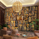 3D立体木纹英文字母墙大型壁画咖啡厅酒吧ktv复古怀旧墙壁纸墙画
