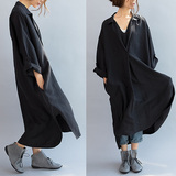 [清濯]外单◆小翻领纯色 宽松休闲 优质棉麻 连衣裙-黑色