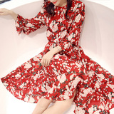 2016春装新款红色中长款印花连衣裙韩版波西米民族风复古长袖女装