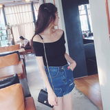 韩国冰丝针织短袖t恤女士紧身短款性感半袖一字领露肩上衣打底衫