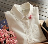 2015春装新款日系森女系花边清新棉质长袖衬衫宽松打底白色衬衣女