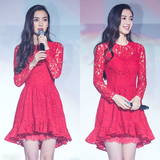 明星同款连衣裙秋冬款韩版中长款女长袖红色镂空蕾丝结婚晚礼服裙