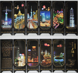 仿古漆器 小屏风装饰摆件中国特色礼品送老外礼物 六扇上海夜景