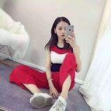 夏季韩国东大门圆领撞色条纹修身针织背心红色阔腿长裤显瘦女套装