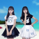 2016夏装新款女装韩国小清新欧根纱蓬蓬裙两件套套装学生连衣裙潮