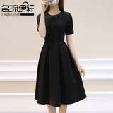 韩版新款女装夏季修身收腰中长款短袖赫本小黑裙连衣裙子女学生