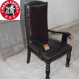 实木新古典餐椅扶手椅软包高靠背古董椅欧式沙发椅咖啡老榆木椅子