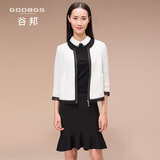 GOOBGS/谷邦2016春装新款 短款蕾丝拼接圆领外套七分袖直筒开衫女