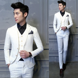 T1 韩版修身 绅士条纹白色男士西服套装 西装 三件套