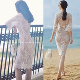 韩国代购中长款修身显瘦水溶蕾丝鱼尾连衣裙优雅气质新娘装礼服裙