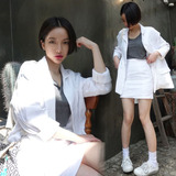 韩国代购2016夏装新款中长款西装外套短裙套装棉麻休闲小西服女潮