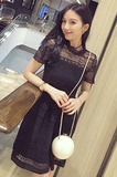 香港代购2016夏季连衣裙新款女装性感修身中长款黑色镂空蕾丝裙子