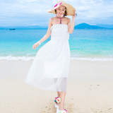 新款仙一字领海边度假蕾丝雪纺显瘦抹胸沙滩裙波西米亚长裙连衣裙