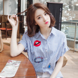 现货【Miss C 】韩国东大门代购夏款刺绣Mimididi短袖条纹衬衫女