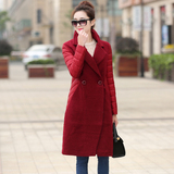 2015冬季新款韩版女装修身貉绒拼接羽绒棉西装领长款外套大衣女款