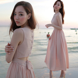 韩国代购波西米亚长裙沙滩裙露背雪纺 新款女装夏海边度假连衣裙