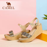 Camel/骆驼女鞋 夏季一字扣真皮水钻高跟厚底凉鞋