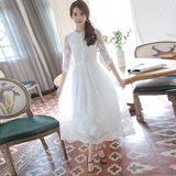 ATAR2016新品连衣裙夏长裙 韩版七分袖白色修身蕾丝网纱仙女裙子