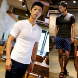 夏季2016韩国代购男装韩版潮流紧身t桖弹力修身半开领男士短袖t恤