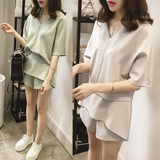 雪纺套装女夏季韩版女装大码V领上衣休闲短裤两件套折800官网9.9