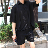 韩国ulzzang宽松五分袖衬衫男日系文艺前短后长款中袖发型师衬衣